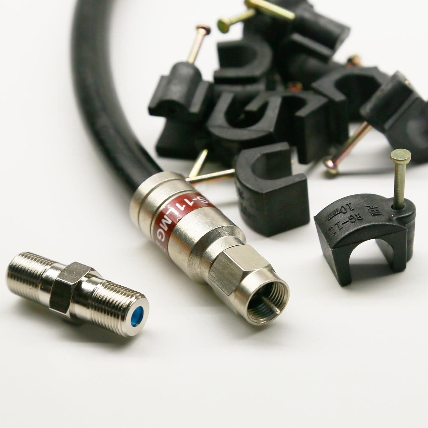 140ft BLACK TRI-SHIELD DIRECT BURIAL UNDERGROUND RG-11 COAXIAL CABLE 14AWG 75 Ohm GEL BRAIDED WEATHER SEAL BRASS CONNECTORS BARREL AND 10 NAIL CLIPS INCLUDED ASSEMBLED IN USA by PHAT SATELLITE INTL