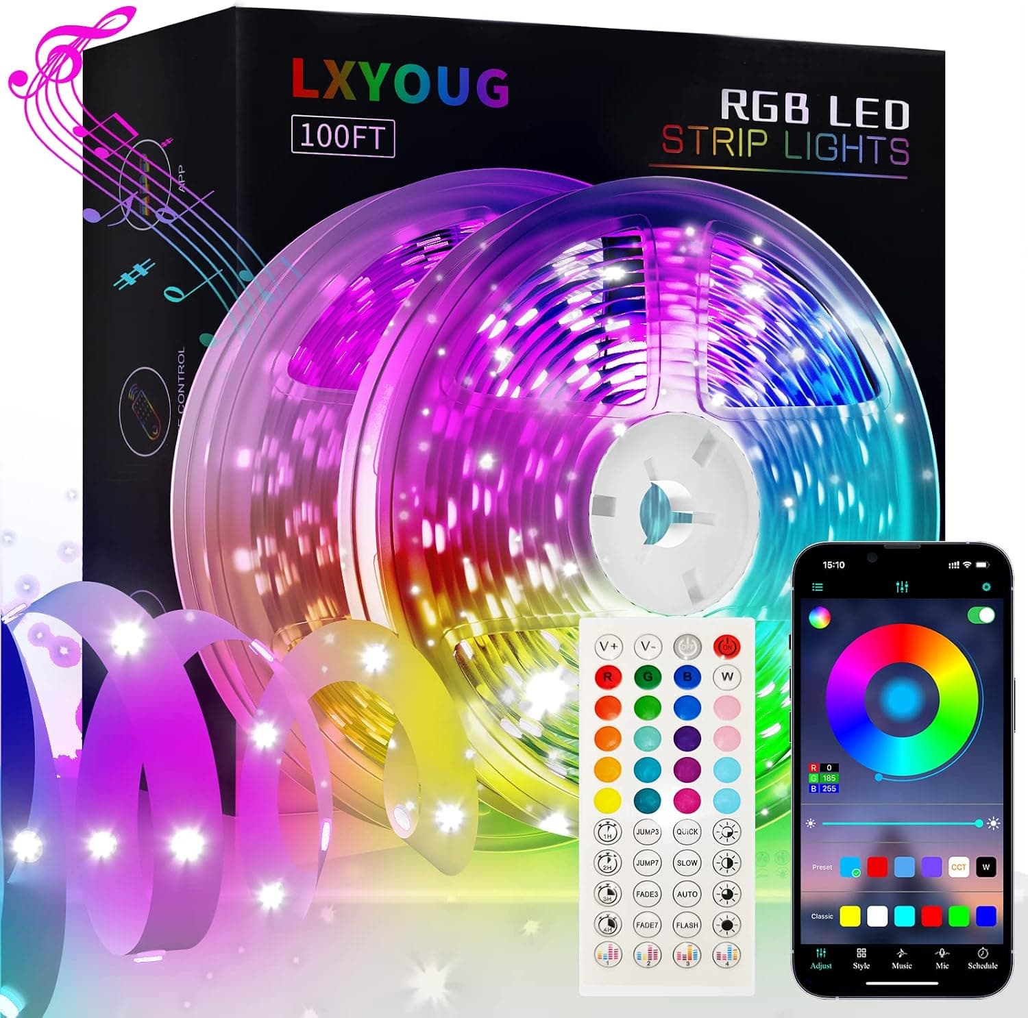 Lxyoug 100ft Led Lights for Bedroom, APP Control Music Sync Color Changing,Ultra Long RGB 5050 Led Strip Lights with 44Keys IR Remote for Christmas Room Home Decoration