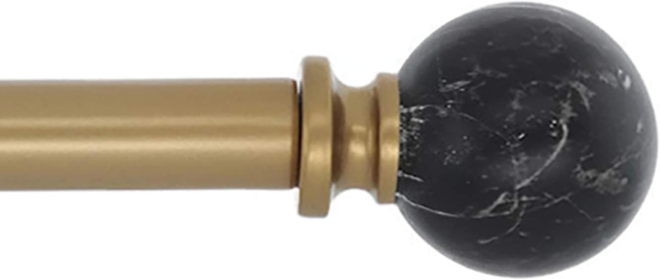 Meriville 1-Inch Diameter Single Window Treatment Curtain Rod, Black Marble Ball Finial, 28-inch to 48-inch Adjustable, Royal Gold
