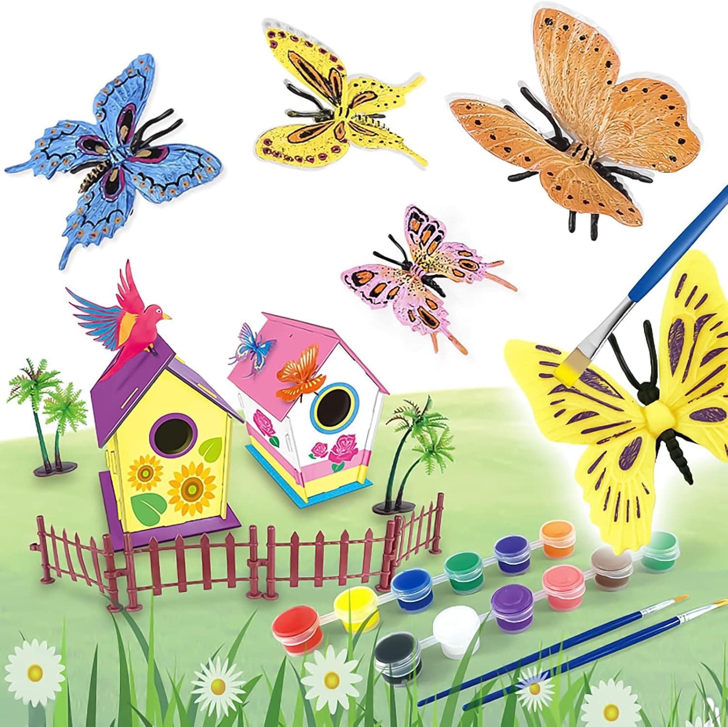 2 Pack Bird House Kits for Children to Build - Crafts for Kids Ages 4-8 - Paint Birdhouses and Butterflies DIY Wooden Arts and Crafts for Boys Girls Toddlers Ages 3-5 4-6 8-12