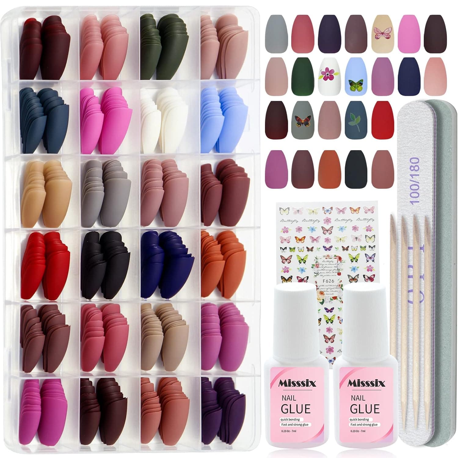 Matte Press on Nails Medium Length, Misssix 24 Packs (576PCS) Acrylic Short Fake Nails Full Cover, Coffin Press on Nails with Glue, 24 Color Glue On Nails Short Stick On False Nails for Women Nail Art DIY