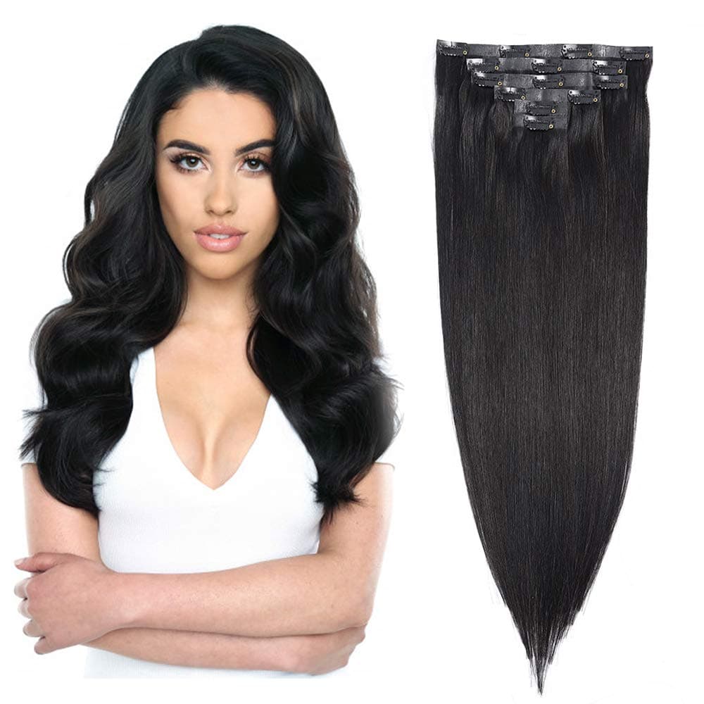 20inch PU Clip in Hair Extensions Human Hair PU Tape With Clip Seamless Clip in Human Hair Extensions 70g 1B# Natural Black