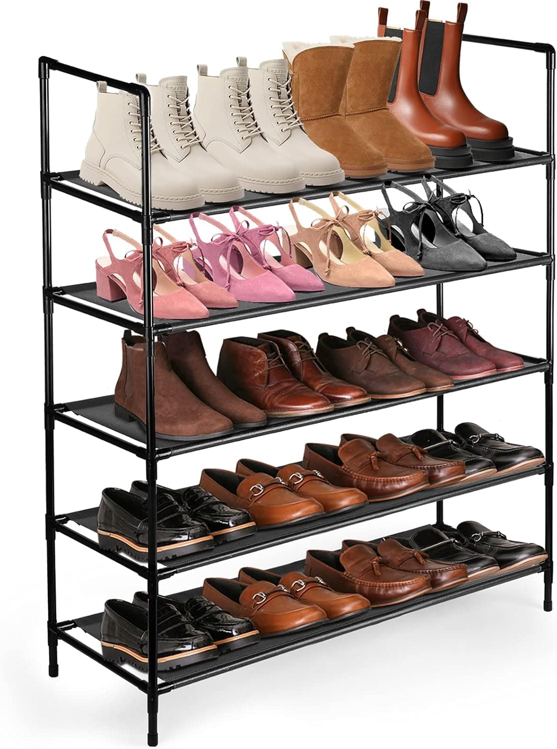LEHOM Shoe Rack Organizer 5-Tier 20 Pairs, Metal Stackable Shoe Storage Non-Woven Fabric Shoe Shelf for Closet Floor Entryway Bedroom, Black