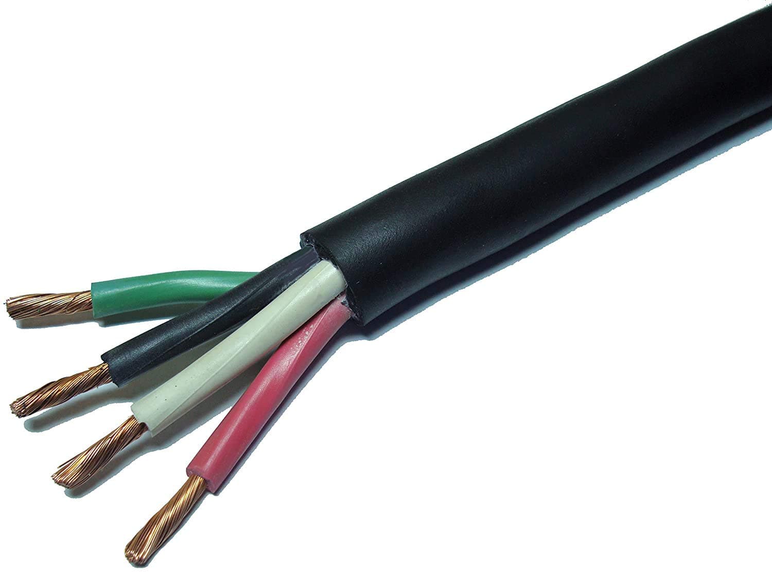 50' FT New Real Copper Wire, 10/4, 10 AWG Gauge 4 Conductor Wires Red White Black Green, Stranded Cable, Indoor Outdoor, 600V Volt Water and Oil Resistant Flexible Rubber. FX1373-50