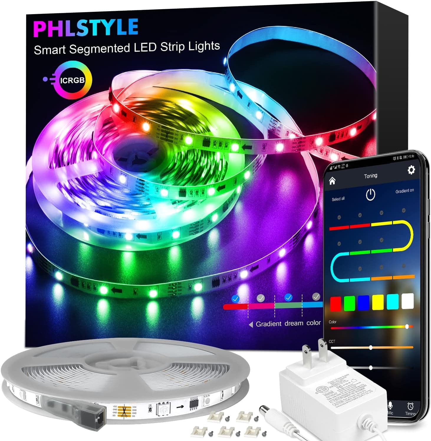 ICRGB LED Strip Lights 32.8FT, Bluetooth Wireless Smart Phone APP Controlled 5050 LED Light Strips Music Sync with Segmented Color Picking, LED Lights for Bedroom, TV, Kitchen, Christmas Decoration