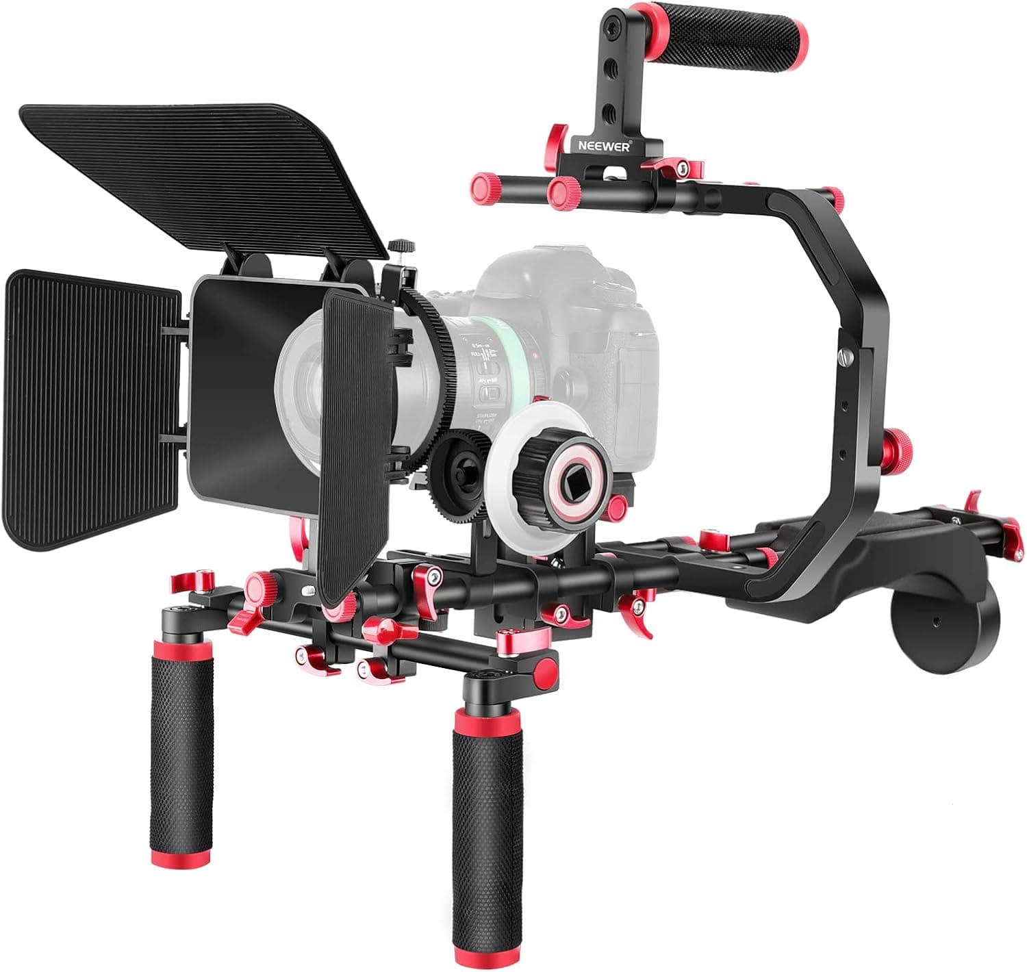 Neewer Shoulder Rig Kit for DSLR Cameras and Camcorders, Movie Video Film Making System with Matte Box, Follow Focus, C-Shaped Bracket, 15mm Rods, Handgrip, 1/4” & 3/8” Threads (Red + Black)