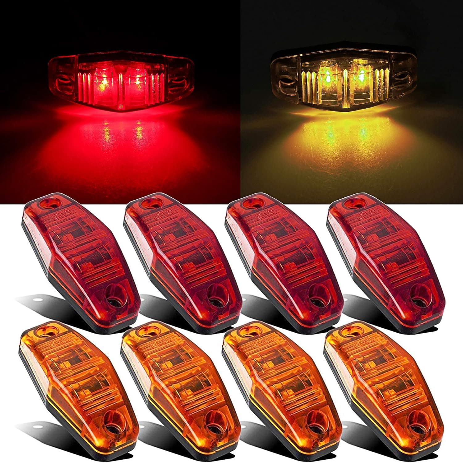 8Pcs Red/Amber Side Fender Marker Lights 2 LED Identification Lights Sealed Mini LED Lamp for Truck Boat Trailer Universal, Surface Mount 2 Wire 2.54 x 1.06 (4 Amber and 4 Red)