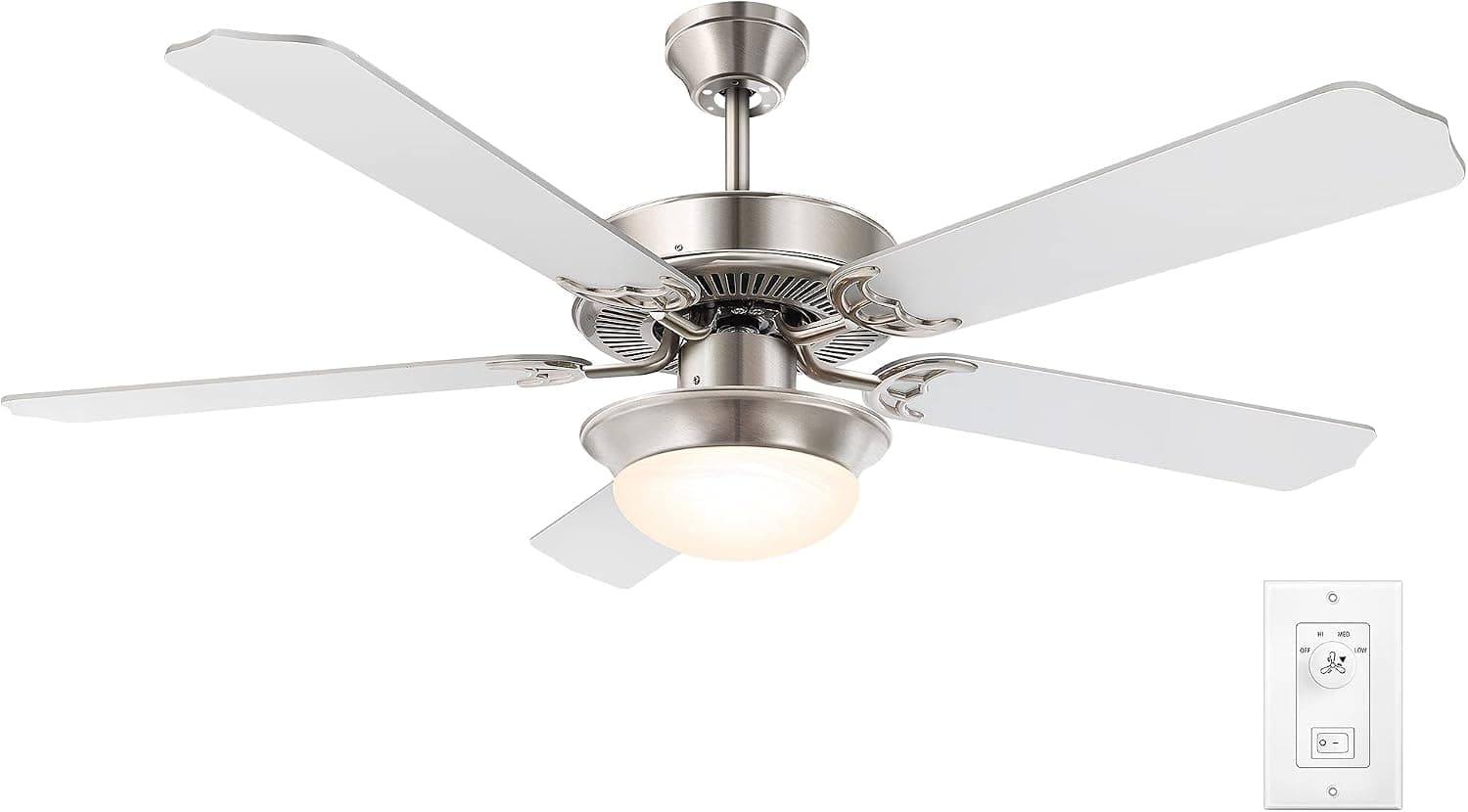 52 Inch Modern Indoor Ceiling Fan with Light, Brushed Nickel Ceiling Fans with Quiet Reversible Motor, 5 Blades for Living Room, Bedroom, Basement, Kitchen, Wall Control, 2 LED Bulbs Included, Silver