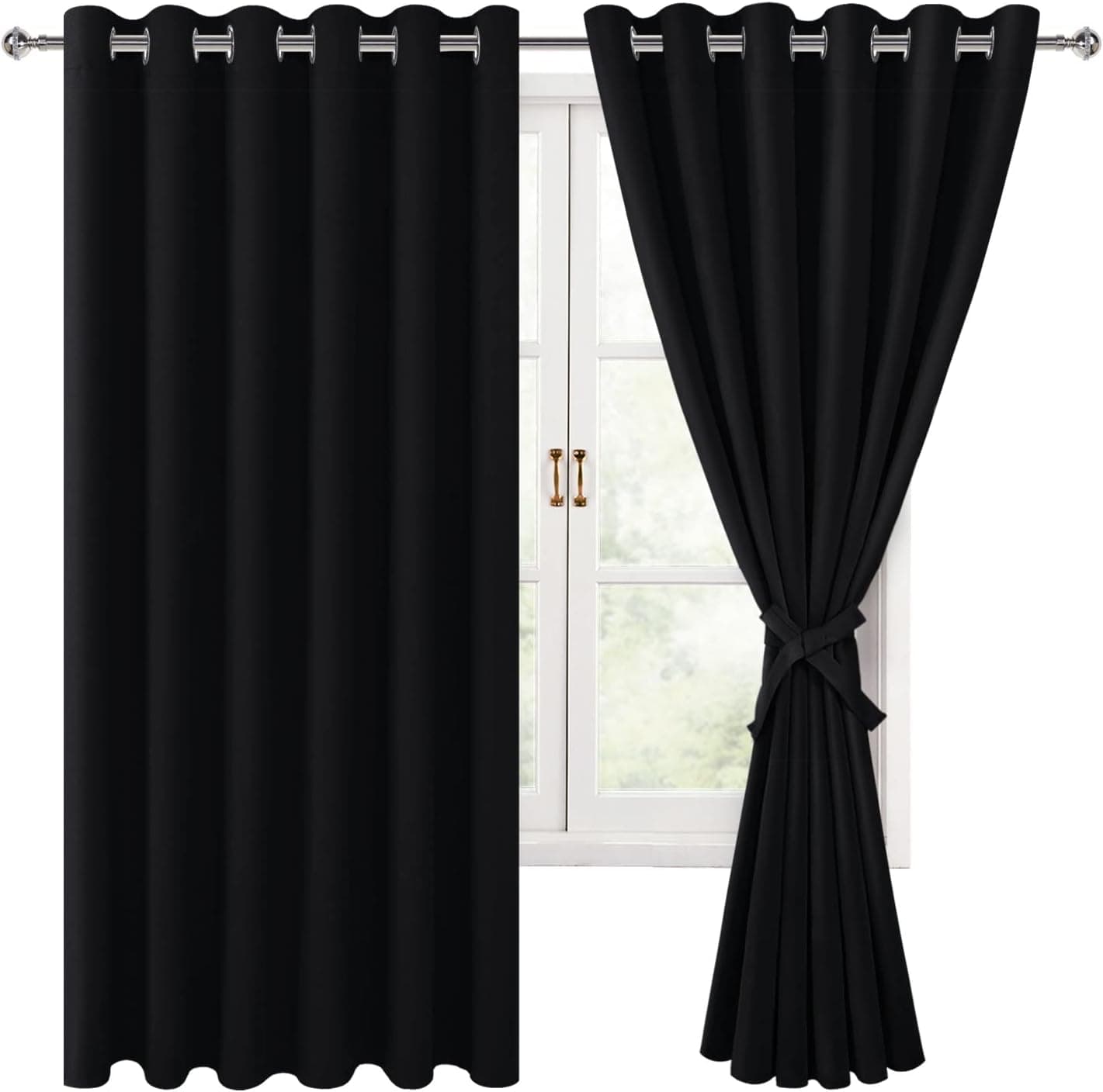 Hiasan Grommet Blackout Curtains for Bedroom, 70 x 63 Inches - Thermal Insulated & Noise reducing Window Drapes for Living Room/Dorm Room, Set of 2 Panels Sewn with Tiebacks, Black