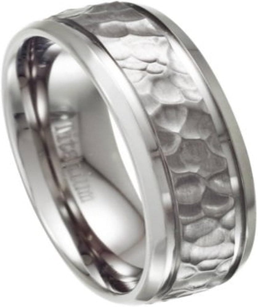 JustMensRings Men's 8mm Hammered Ring in Titanium with Polished Beveled Edges Sizes 7-15