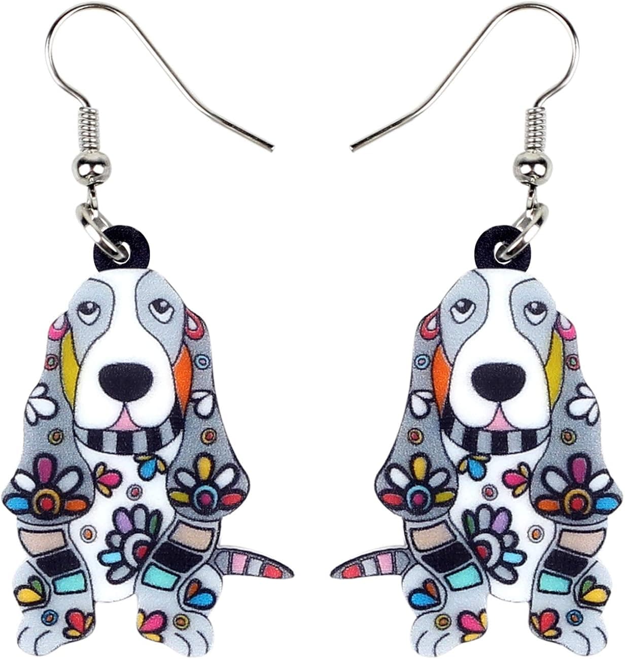 DOWAY Acrylic Floral Cartoon Basset Hound Dog Earrings Dangle Drop Cute Pet Jewelry for Women Girls Teens Charm Gift (Grey)