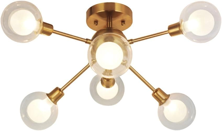 Modern Sputnik Chandelier Lighting G9 40W (Bulbs Included) 6 Lights Brushed Brass Semi Flush Mount Ceiling Light Mid Century Glass Pendant Light by BONLICHT