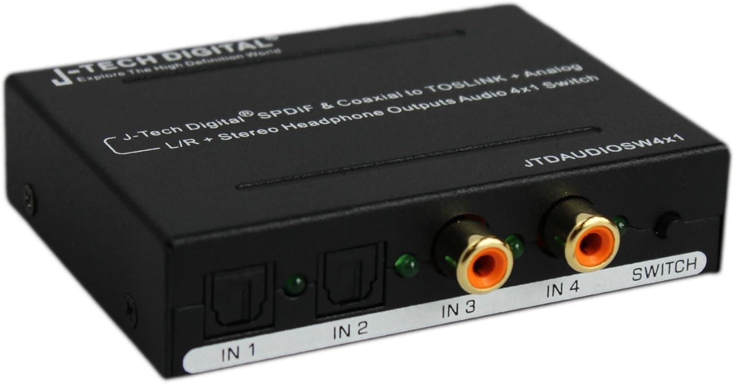 J-Tech Digital Optical SPDIF/Coaxial Digital to RCA L/R Analog Audio Converter 4x3 Switch with 3.5mm Jack Support Headphone/Speaker Outputs (JTDAUDIOSW4x1)