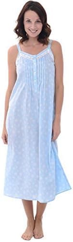 Alexander Del Rossa Womens 100% Cotton Lawn Nightgown, Long Tank Top Chemise, Medium White Flowers on Blue (A0582L08MD)