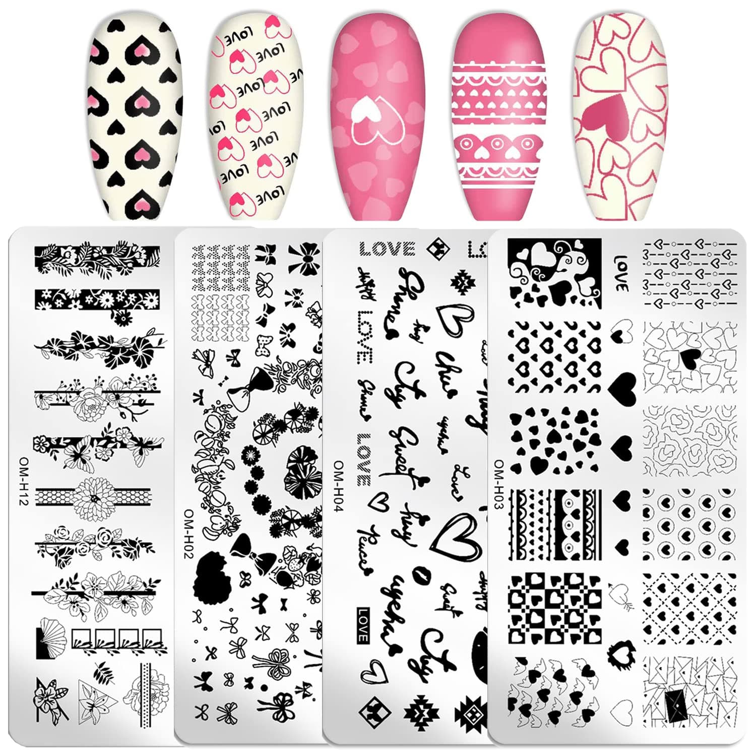 4 Pcs Nail Stamping Plate Valentine's Day Theme Heart Shape Rose Flowers Bows Love Envelope Nail Art Design Template Print Manicure Tool Set