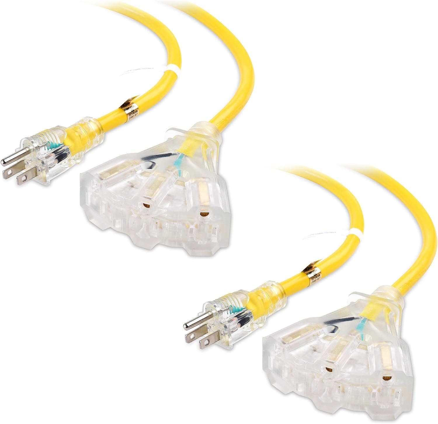 Cable Matters 2-Pack Lighted 12/3 SJTW Weather Resistant 3 Outlet Outdoor Extension Cord Adapter with LED Light in Yellow (NEMA 5-15P to 3X 5-15R) - 2 Feet