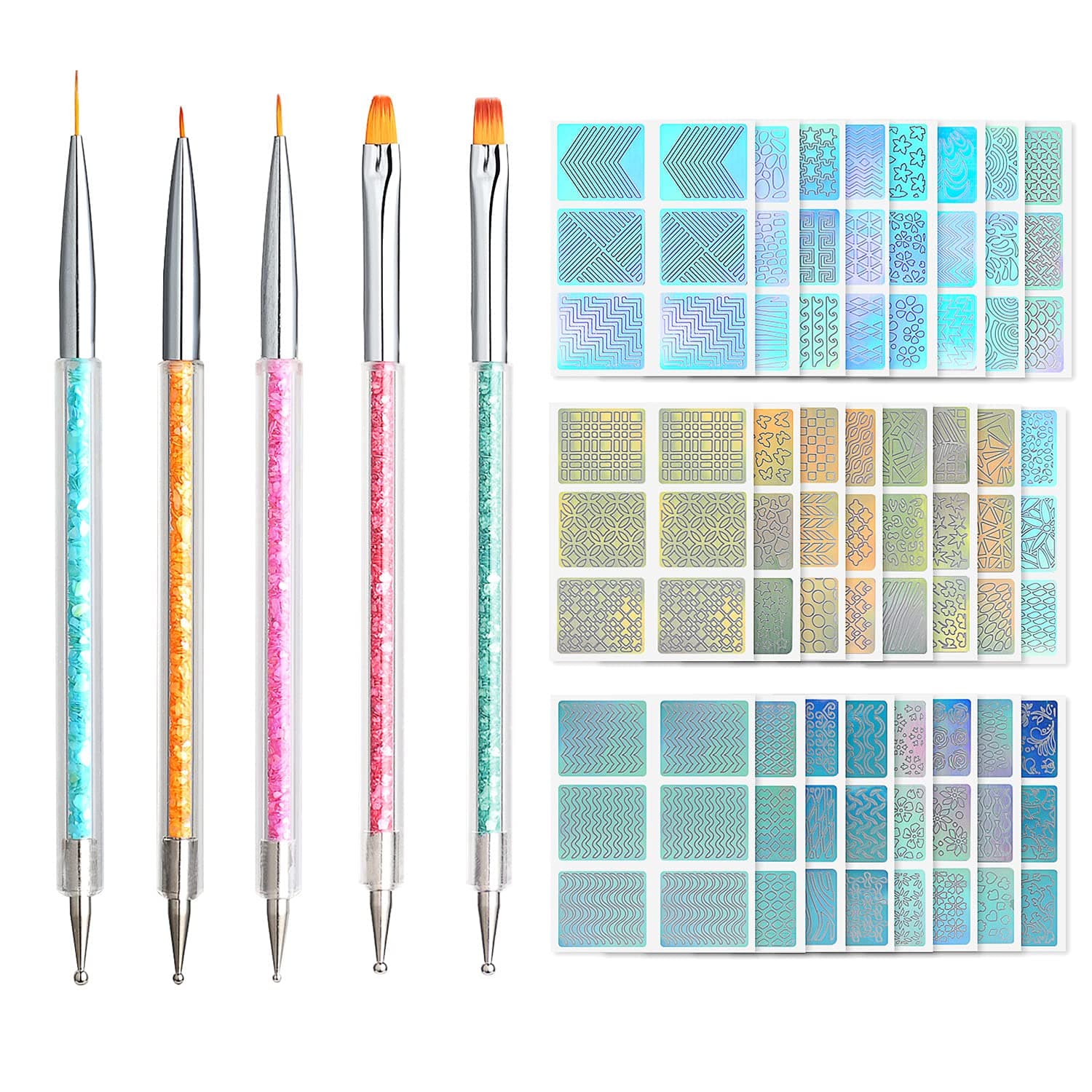 29 PCS Nail Art Design Tools, TEOYALL Including 5 PCS Double Ended Nail Painting Dotting Brushes, 24 Sheets Nail Vinyl Nail Stencil Stickers