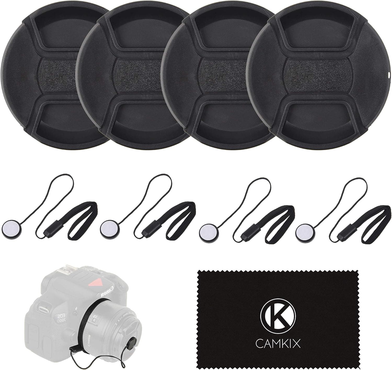 Lens Cap Bundle - 4 Snap-on Lens Caps for DSLR Cameras - 4 Lens Cap Keepers - Microfiber Cleaning Cloth Included - Compatible Nikon, Canon, Sony Cameras (55mm)