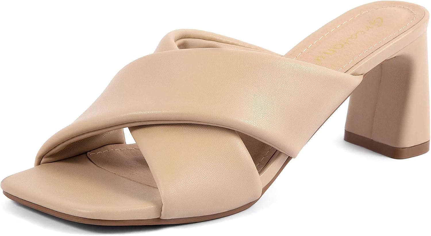 Greatonu Women's Heeled Sandals Square Open Toe Kitten Heels Slip On Summer Dressy Sandals