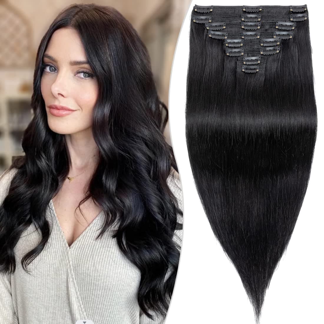 S-noilite Clip in Human Hair Extensions Thick True Double Weft Clip in Short Hair Black 100% Real Remy Full Head 8 Pieces 18 Clips Straight Silky (10 inch - 110g,Jet Black (#1))