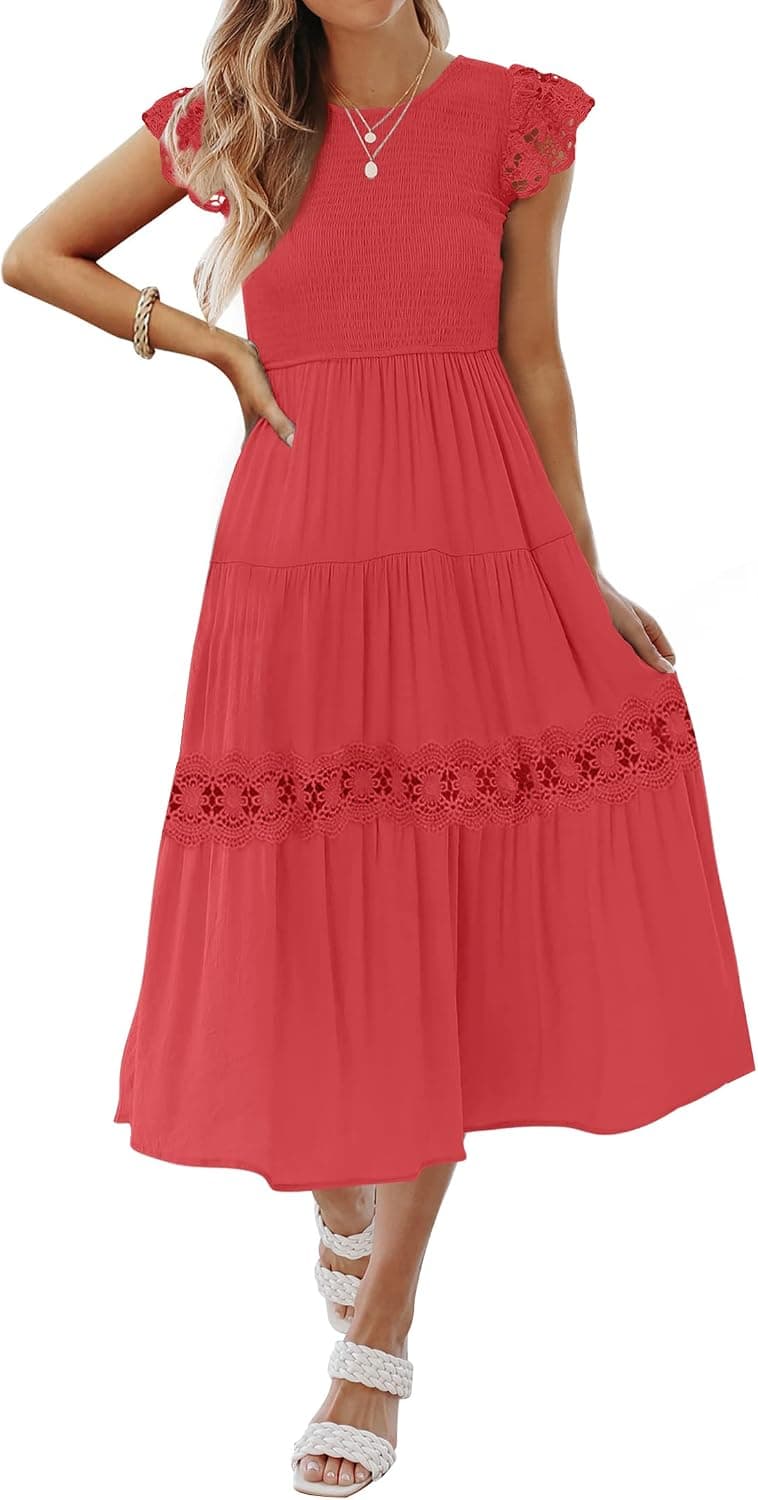 ZESICA Women's 2023 Casual Crew Neck Flutter Sleeve Smocked High Waist Hollow Out Lace Trim Tiered A Line Midi Dress