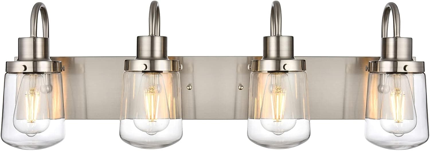 YAOHONG Modern Bathroom Vanity Light 4-Lights Lamp in Satin Nickel,Farmhouse Wall Light Fixture with Clear Glass Shades,Indoor Wall Lamp
