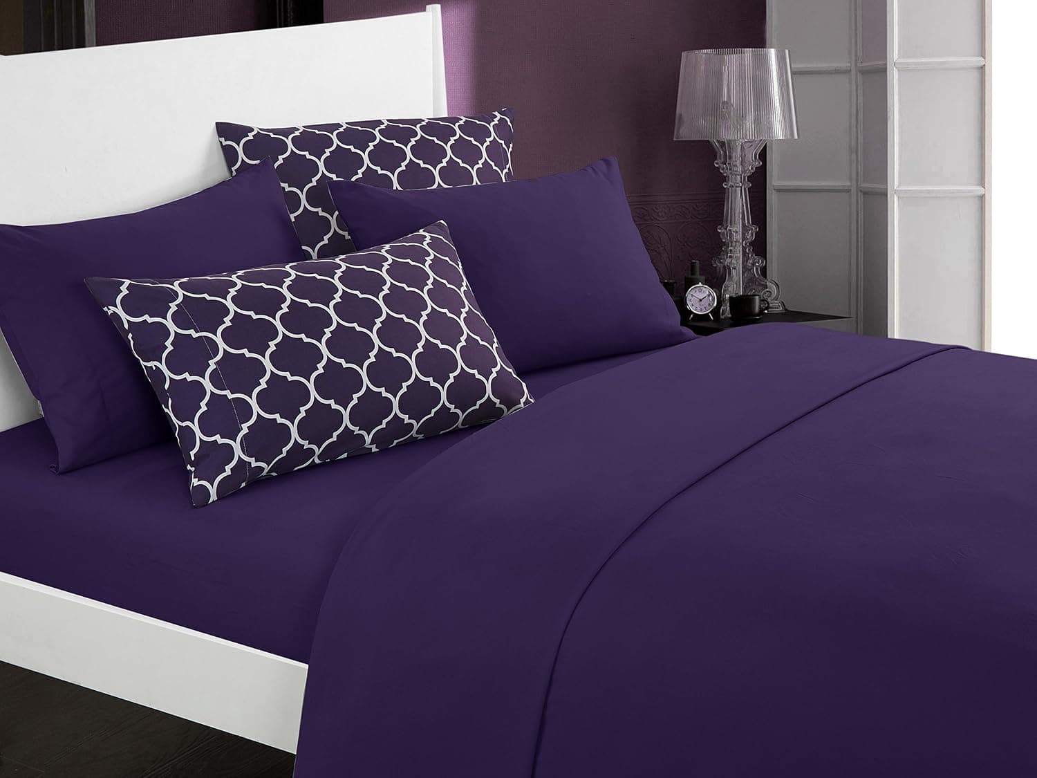 Chic Home Illusion 4 Piece Sheet Set Super Soft Solid Color Deep Pocket Design - Includes Flat & Fitted Sheets and Bonus Printed Geometric Pattern Pillowcases Twin Plum