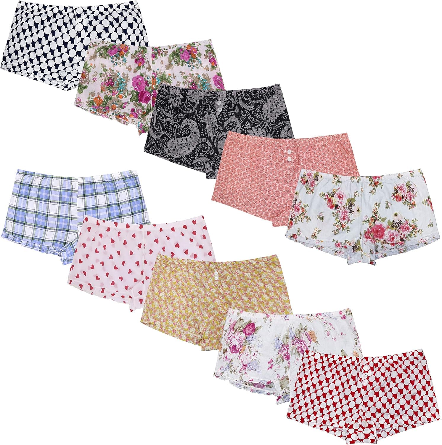 Curve Muse Women's Cotton Woven Boxer Shorts Underwear Panties-6Pack-Pack R-M-6