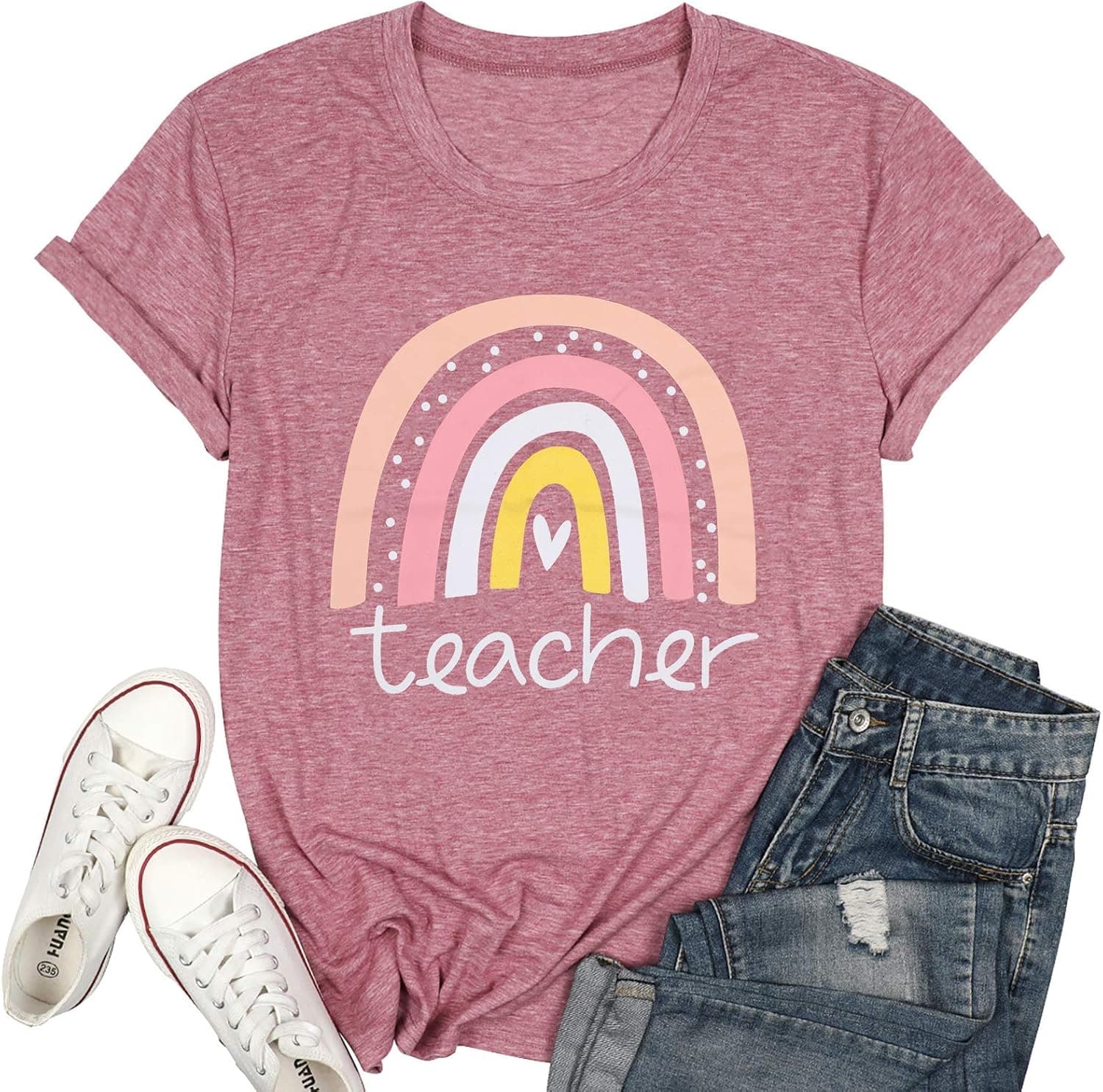 Rainbow Teacher T-Shirt Women Teacher Love Heart Cute Graphic Inspirational Casual Tops Shirt