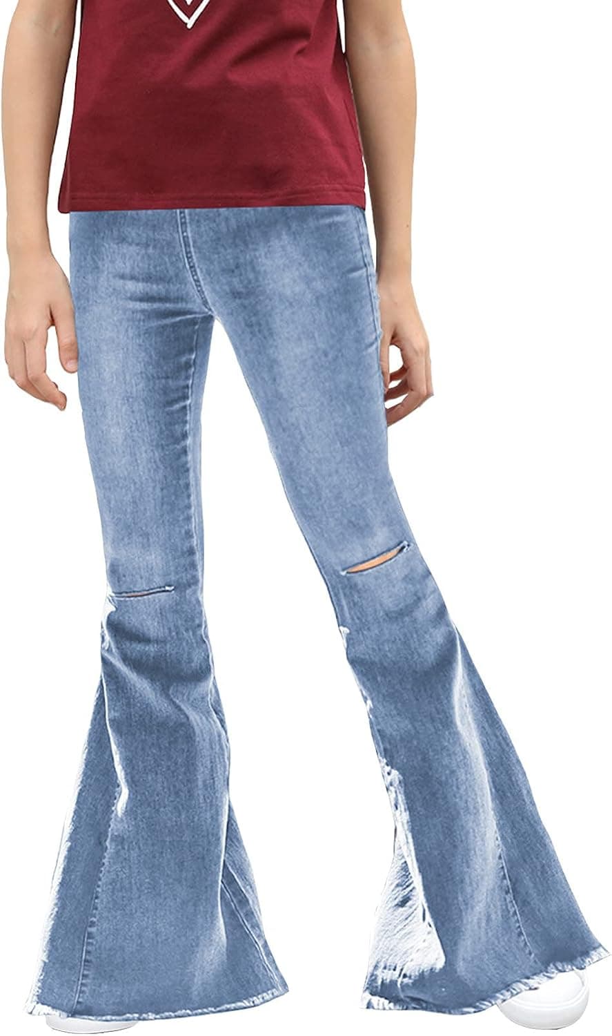 AZOKOE Girls Ripped Flared Jeans Elastic Waist Raw Hem Wide Leg Denim Pants Bell Bottom