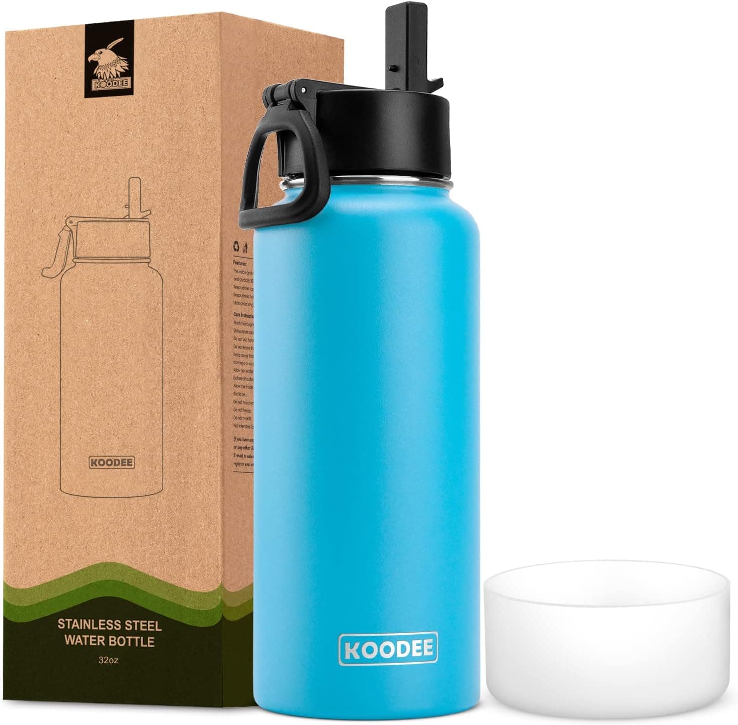 koodee 32 oz Water Bottle with Wide Handle Straw Lid, Vacuum Insulated 18/8 Stainless Steel Wide Mouth Flask (Sky Blue)