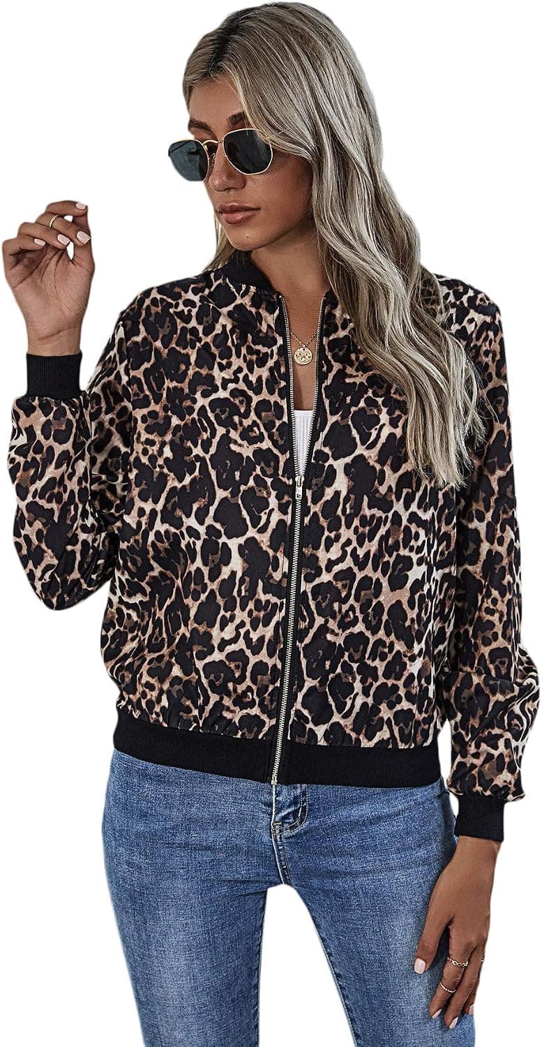 WDIRARA Women's Zip Front Plaid Print Long Sleeve Stand Collar Casual Jacket Multicolored Leopard L