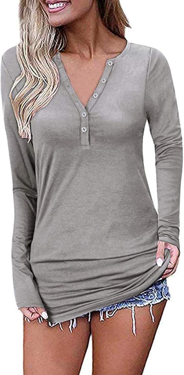 MCYY Womens Long Sleeve V-Neck Button Causal Tops Blouse T Shirt