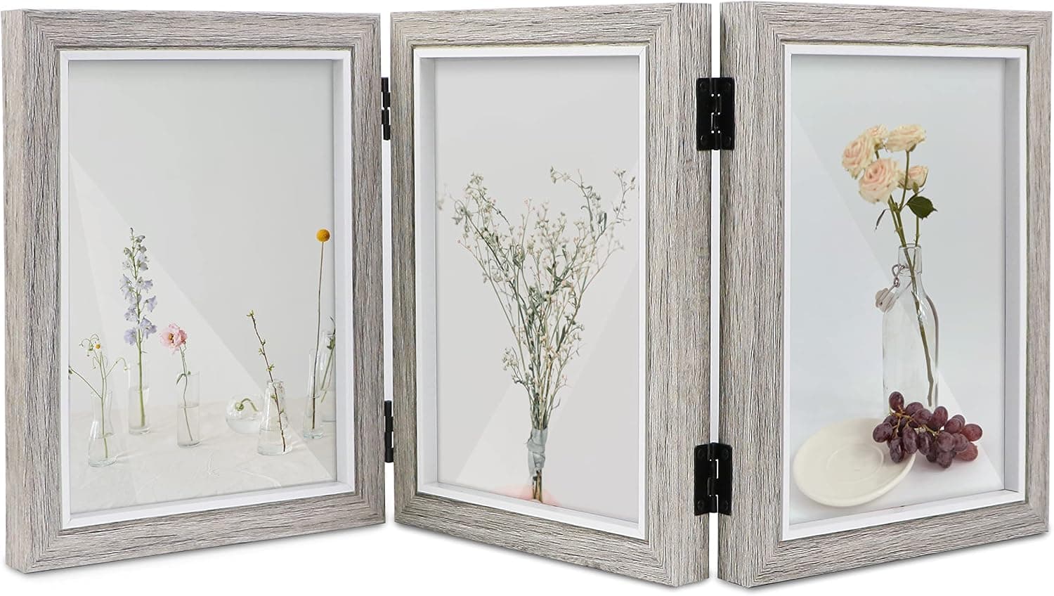 Shampsen Trifold Picture Frame 5x7 Three Photo Collage Frame Grey Hinged Triple Foldable Frame Tabletop Desk Display Gift for Mother,Friend