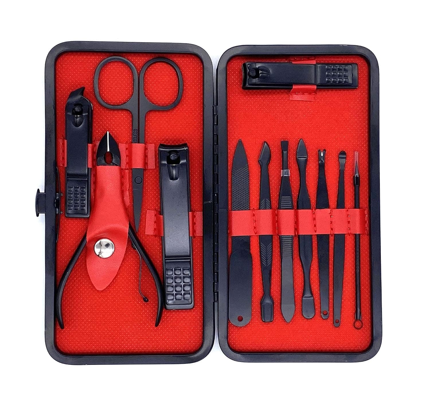 Cacylife Nail Clippers,Professional Manicure Set,Portable Nail Clipper Set, Hand and Foot Care Tools（Black with Red,12 Tools in 1）