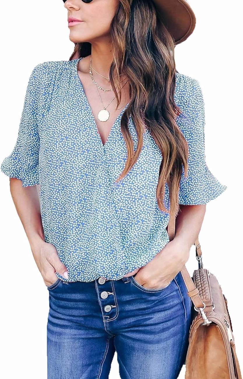 Fronage Womens Casual Summer Dot Print Blouses V Neck Fashion Ruffle Shirt Tops (Medium, Blue)