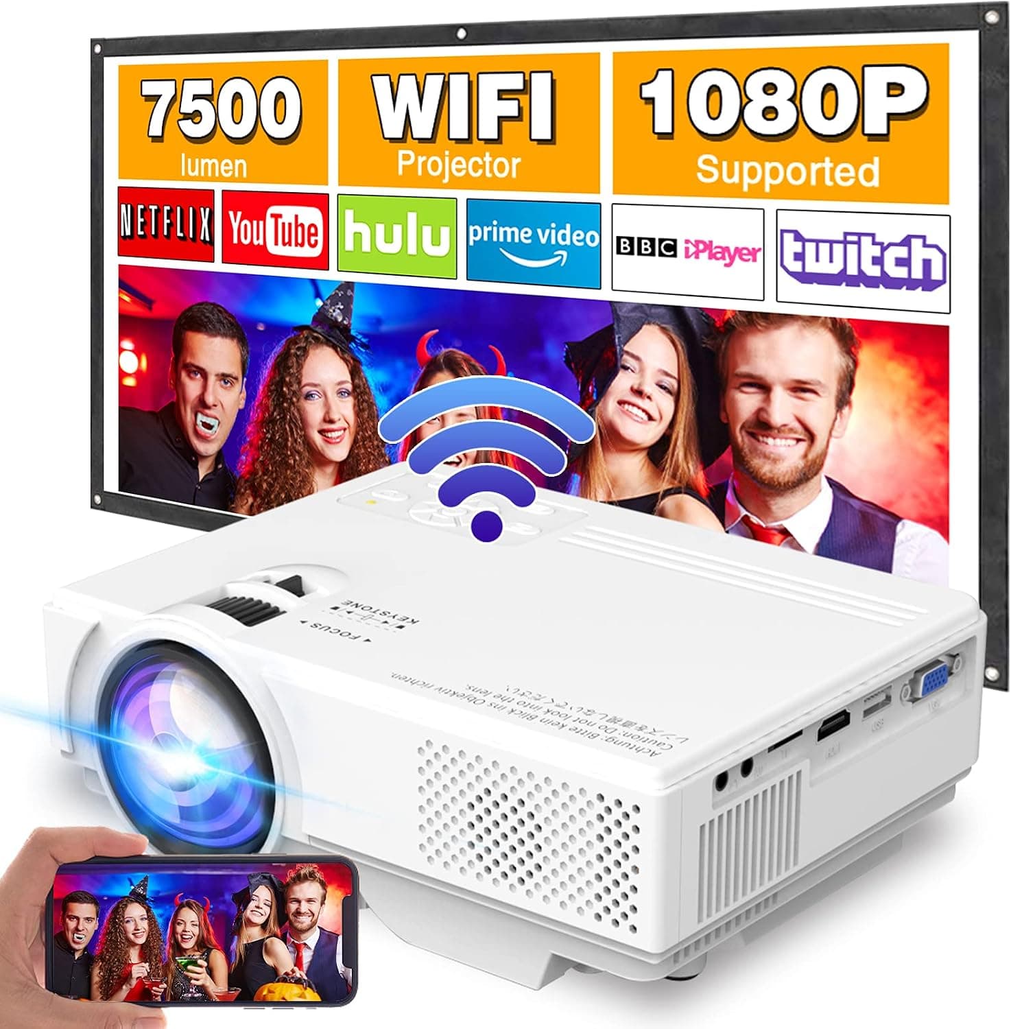 Jinou Projector with WiFi, Upgrade 7500L [100 Inch Screen Included] Mini for Outdoor Movies, Supports 1080P Synchronize Smartphone by WiFi/USB Cable Home Entertainment