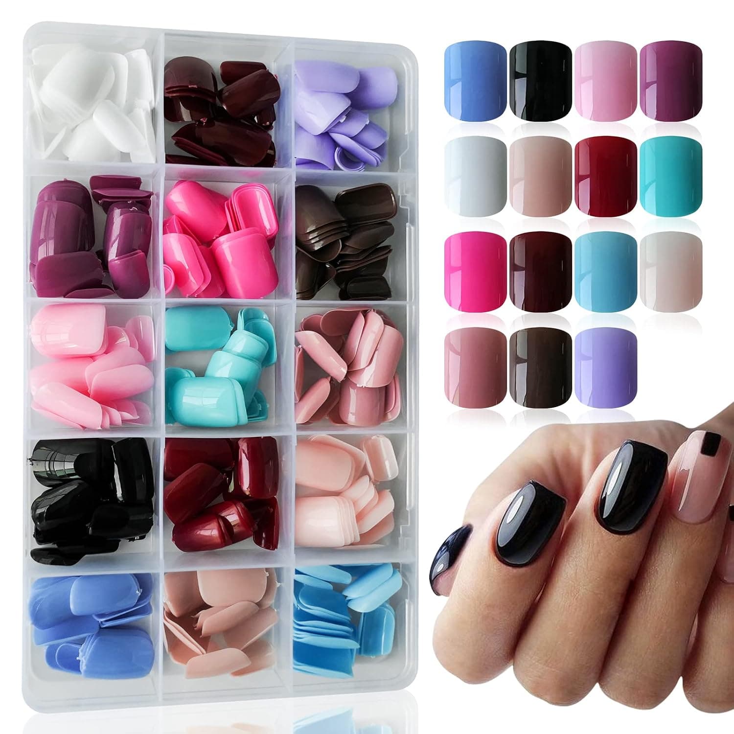 LoveOurHome 360pc Short Press on Nails Square Fake Nail Tips Full Cover Colored Artificial Fingernails French Acrylic Presson Manicure 15 Colors for Women Girls Kids