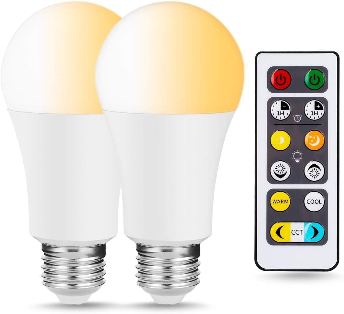 JandCase 60W Equivalent E26 LED Bulb with Remote Control, Tunable White(2700K-6500K), 10 Watts, 900lm, A19 Dimmable Light Bulbs for Ceiling, Downlight, Night Light, E26 Medium Base, 2 Pack