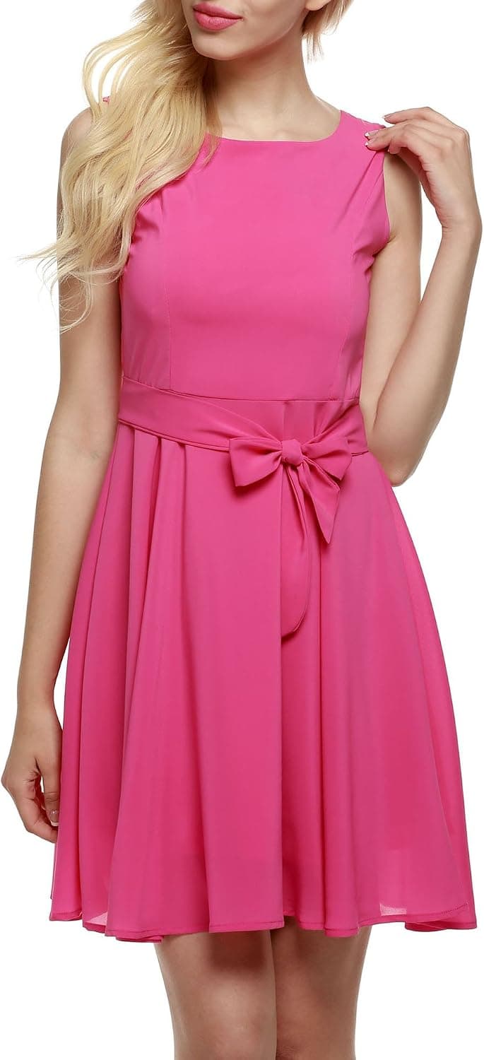Zeagoo Women Chiffon Summer Sleeveless A-line Pleated Party Cocktail Dress with Belt (Large, Rose Red)