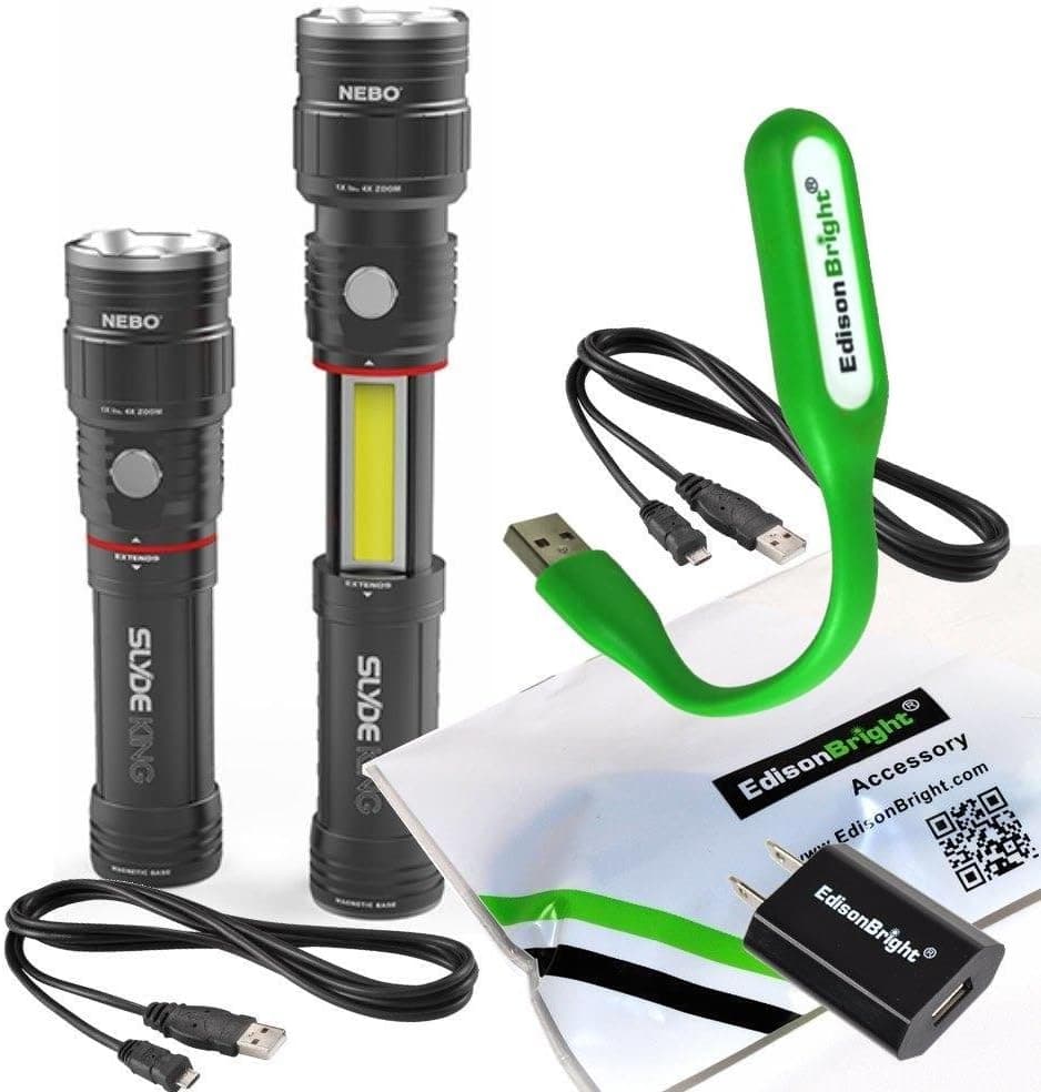 2 Pack Nebo 6434 Slyde King 330 Lumen USB rechargeable LED flashlight/Worklight, rechargeable Li-ion battery with EdisonBright USB power adapter and EdisonBright USB reading light bundle
