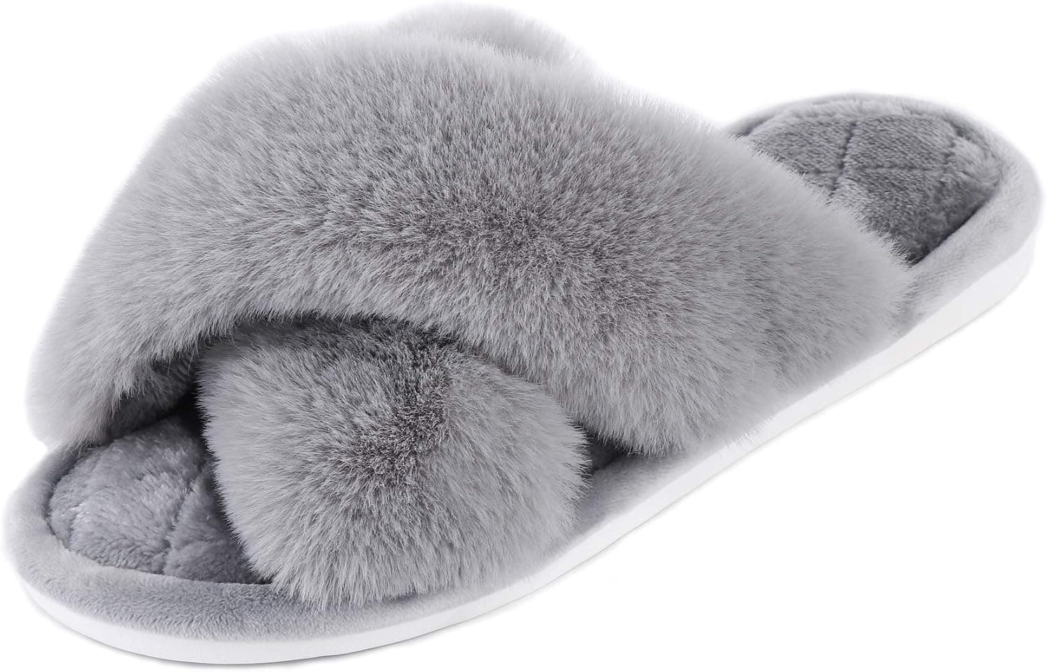 Women's Fluffy Fuzzy House Slippers - Cross Band Furry Open Toe Shoes Faux Rabbit Fur, Anti-Slip Sole Indoor Outdoor Slides with Memory Foam Grey