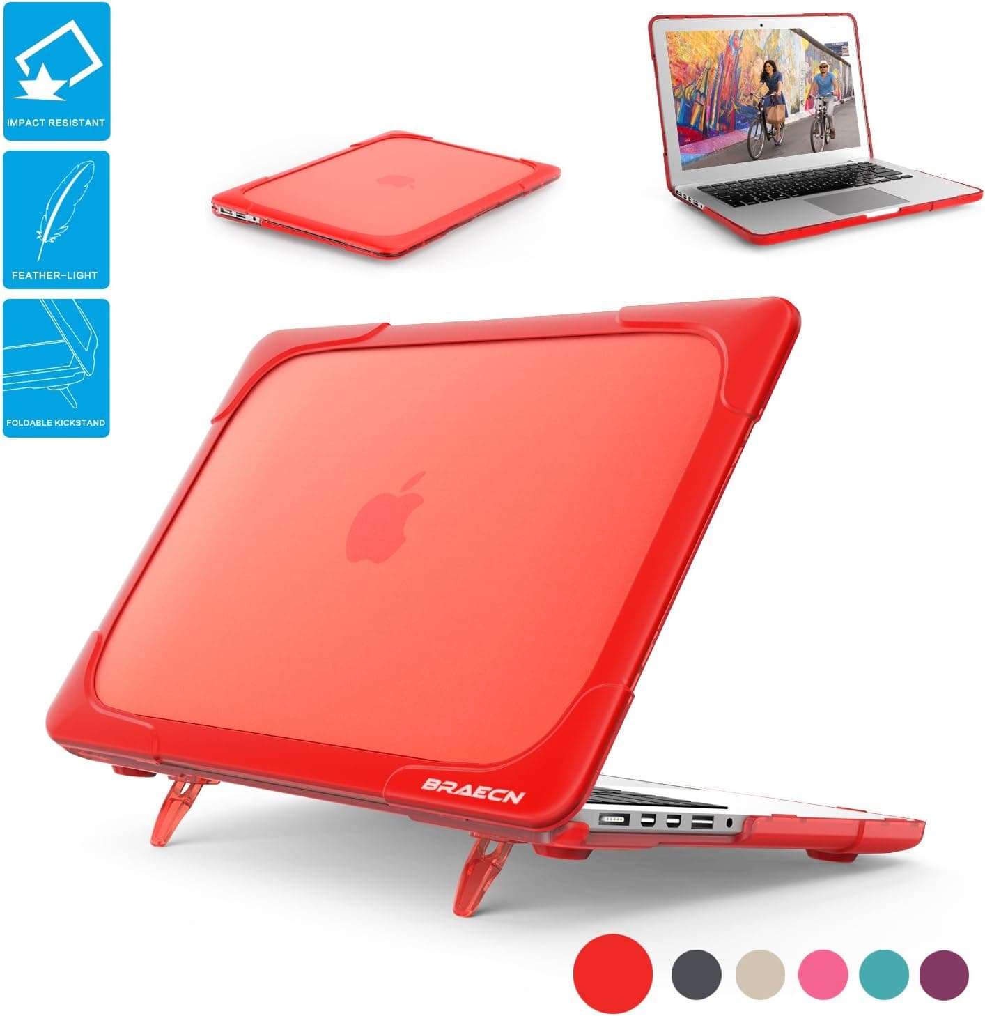 BRAECNstock MacBook Pro Retina 13 inch Case (Version 2015/2014/2013,etc.), [Heavy Duty] Slim Rubberized [Snap on] [Dual Layer] Hard Case Cover with fold Kickstand for Apple MacBook Pro 13-inch 13 Red