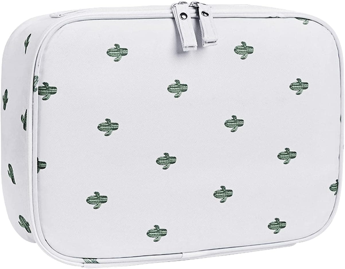 WOOMADA Travel Cosmetic Bag Large Makeup Bag Cosmetic Case Organizer for Women Girls (White-Cactus)