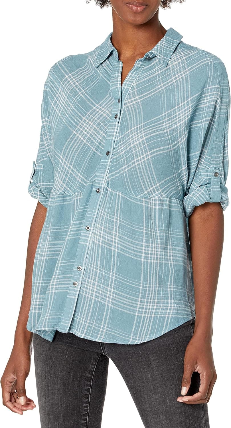 NINE WEST Women's Hayden Roll Sleeve Dolman Shirt Shirt, Smoke Blue Gala Plaid, Small