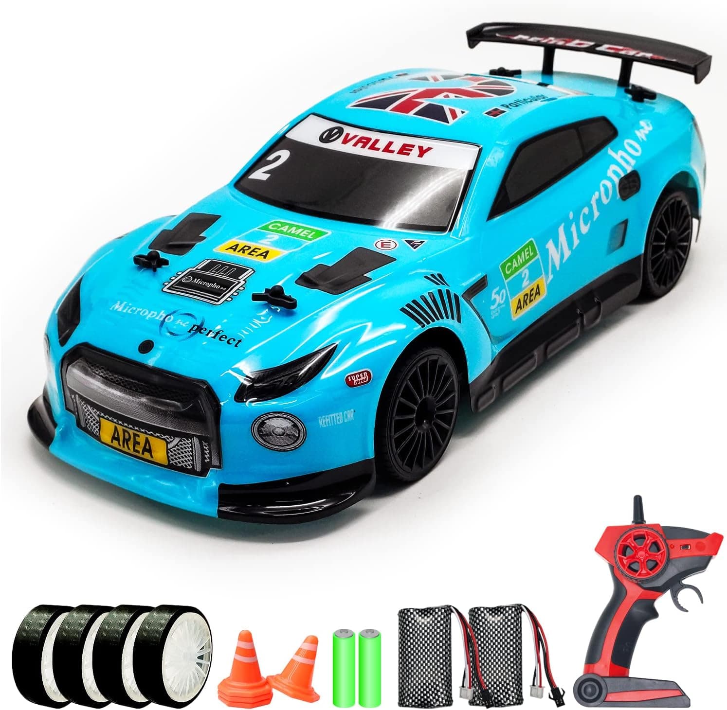 VOLANTEXRC Remote Control Drift Car 2.4Ghz 1:14 Scale RC Sport Racing Cars for Adults Kids Boys Gifts 4WD RTR Hight Speed RC Vehicle with LED Lights, All Batteries and Drifting Wheels + Racing Wheels
