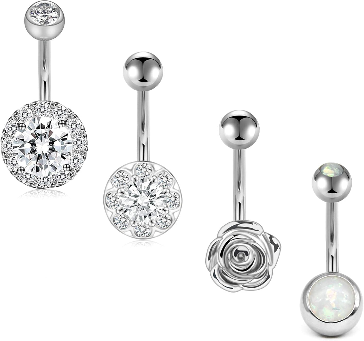JFORYOU Belly Button Rings 14G 3Pcs Surgical Stainless Navel Belly Ring Cubic Zirconia Heart Navel Curved Barbell Rose Flower Top Style