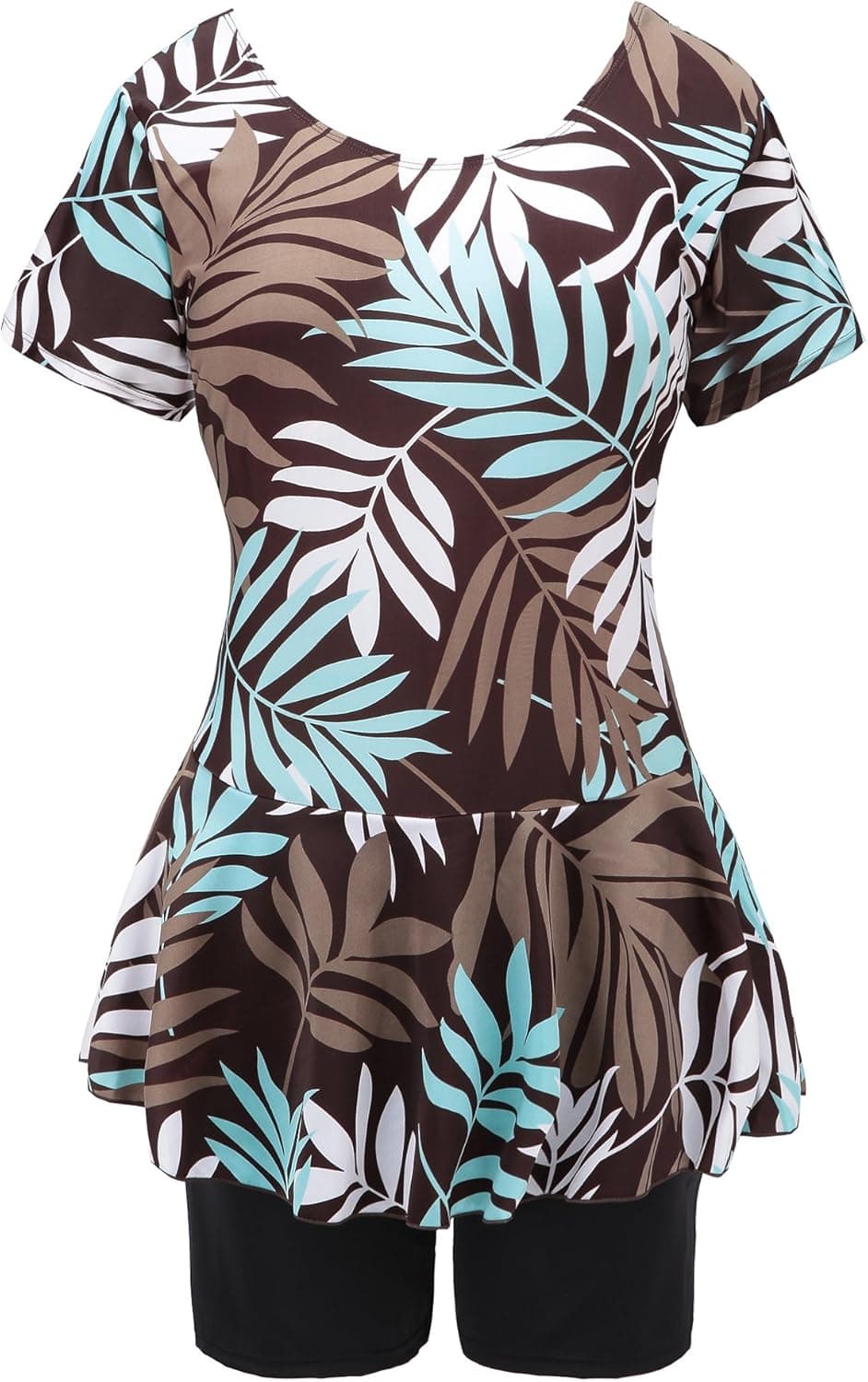 Knaspor One Piece Swim Dress Modest Swimsuit for Women Floral Leaf Print Short Sleeve Swimwear