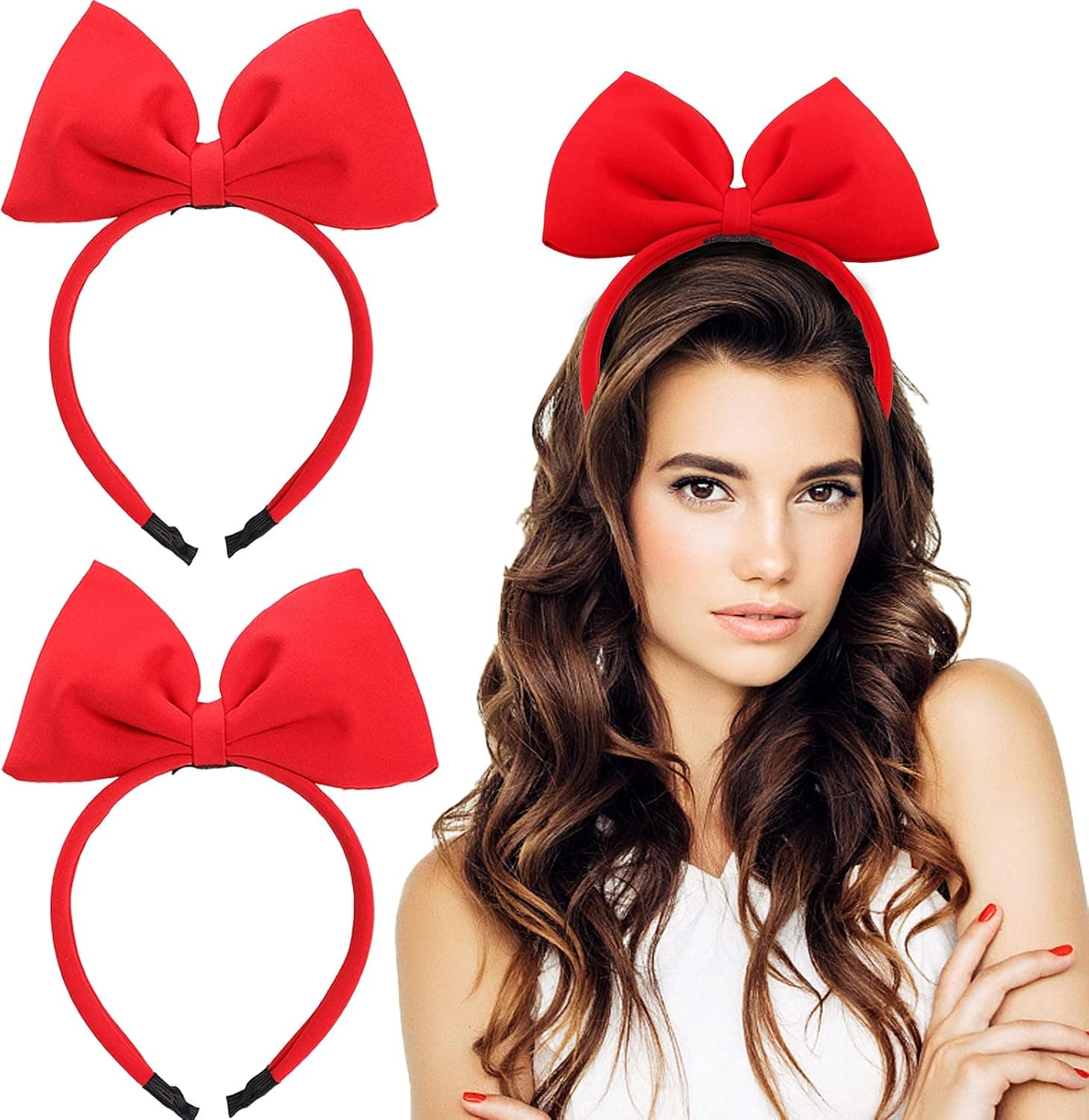 2Pcs Halloween Red Bow Headband Christmas Red Big Bowknot Cute Girl Adult Party Decoration Headdress Christmas Cosplay Costume Halloween Makeup Handmade Headdress Hair Band Bow Headbands for Women Girls