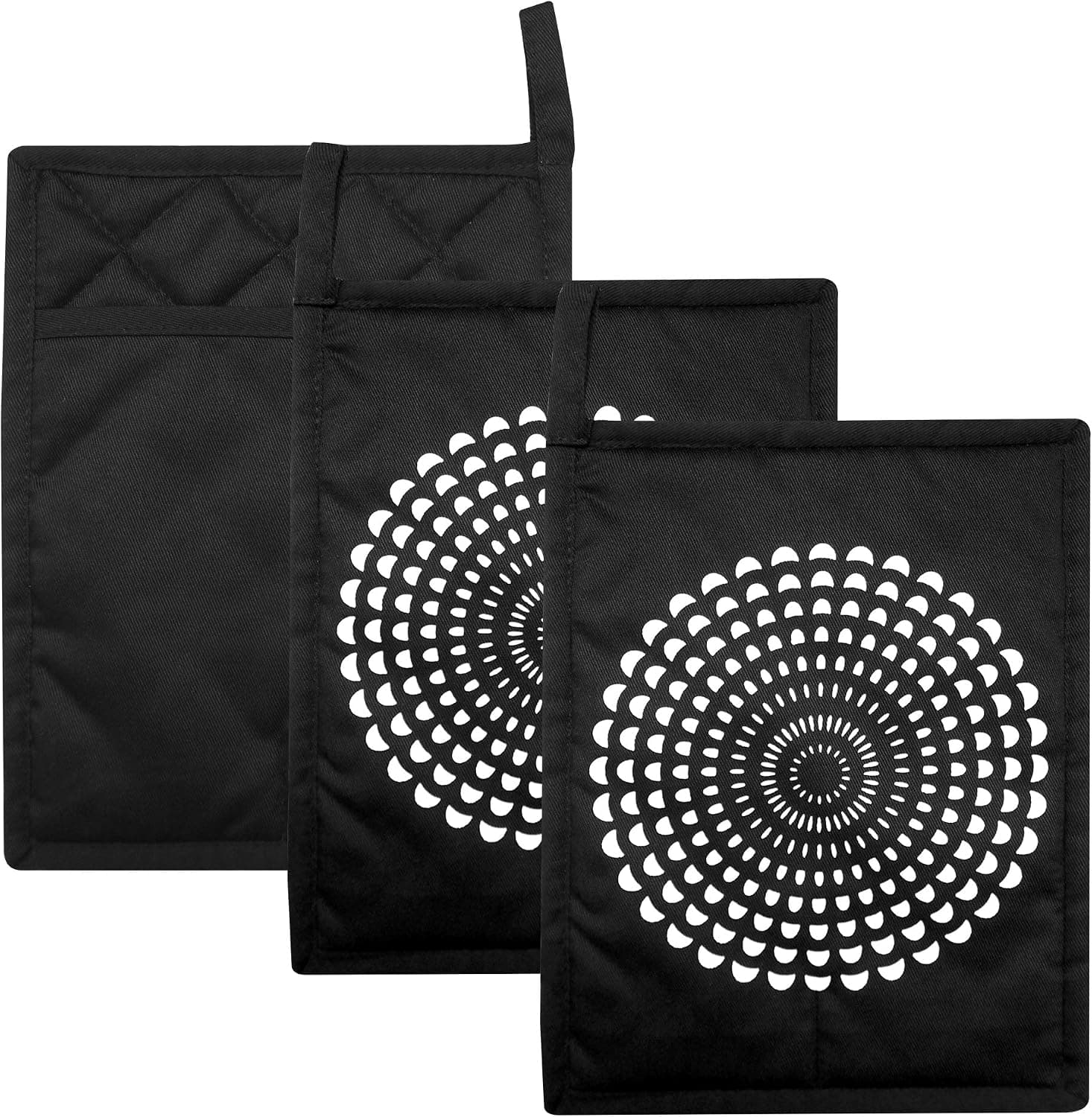 Pot Holders Set of 3 Silicone Printing Non Slip Heat Resistant Hot Pads Home Kitchen Cooking Barbecue Microwave Women Men Machine Washable BBQ (Black Potholders)